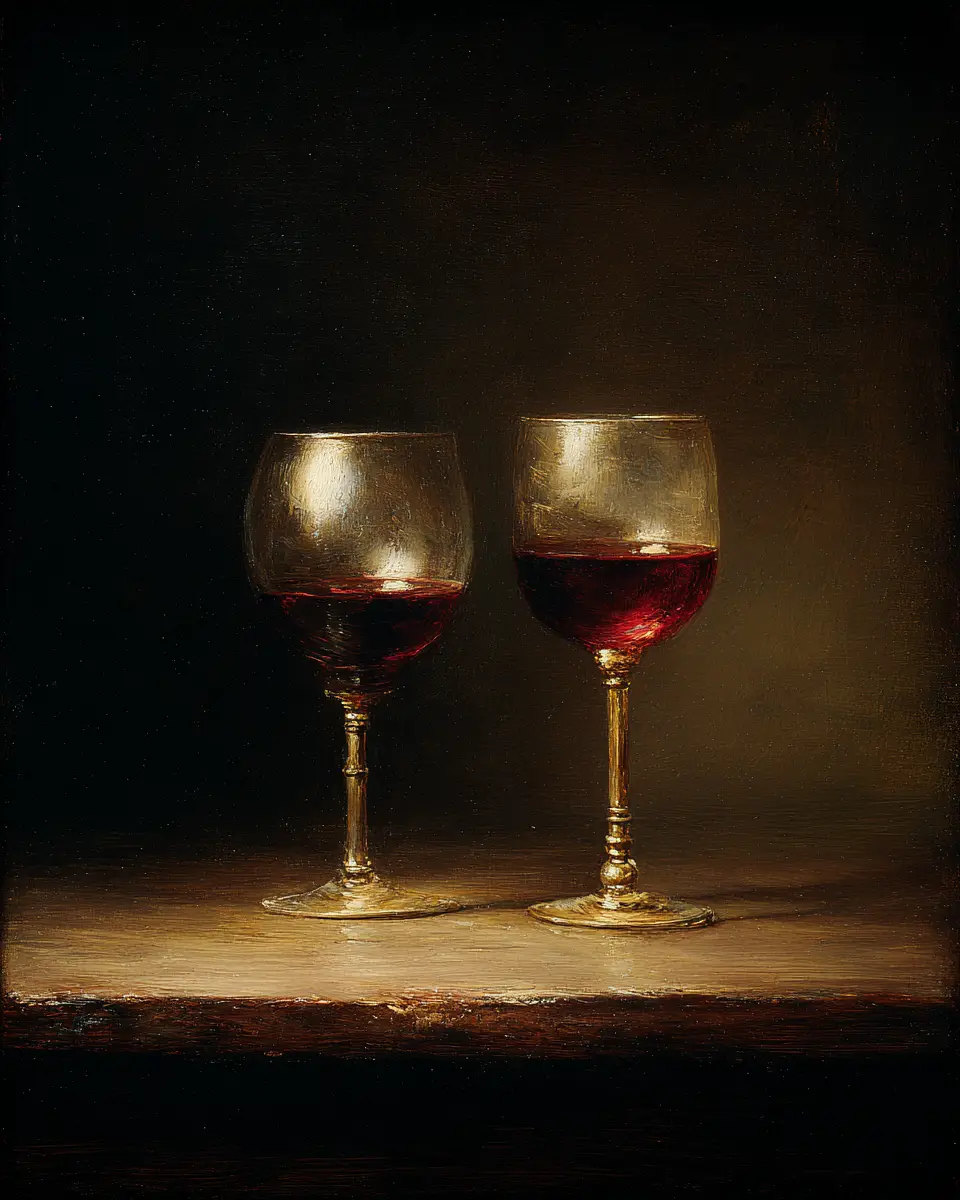 Two glasses of red wine standing side by side on a wooden ledge in warm, low light